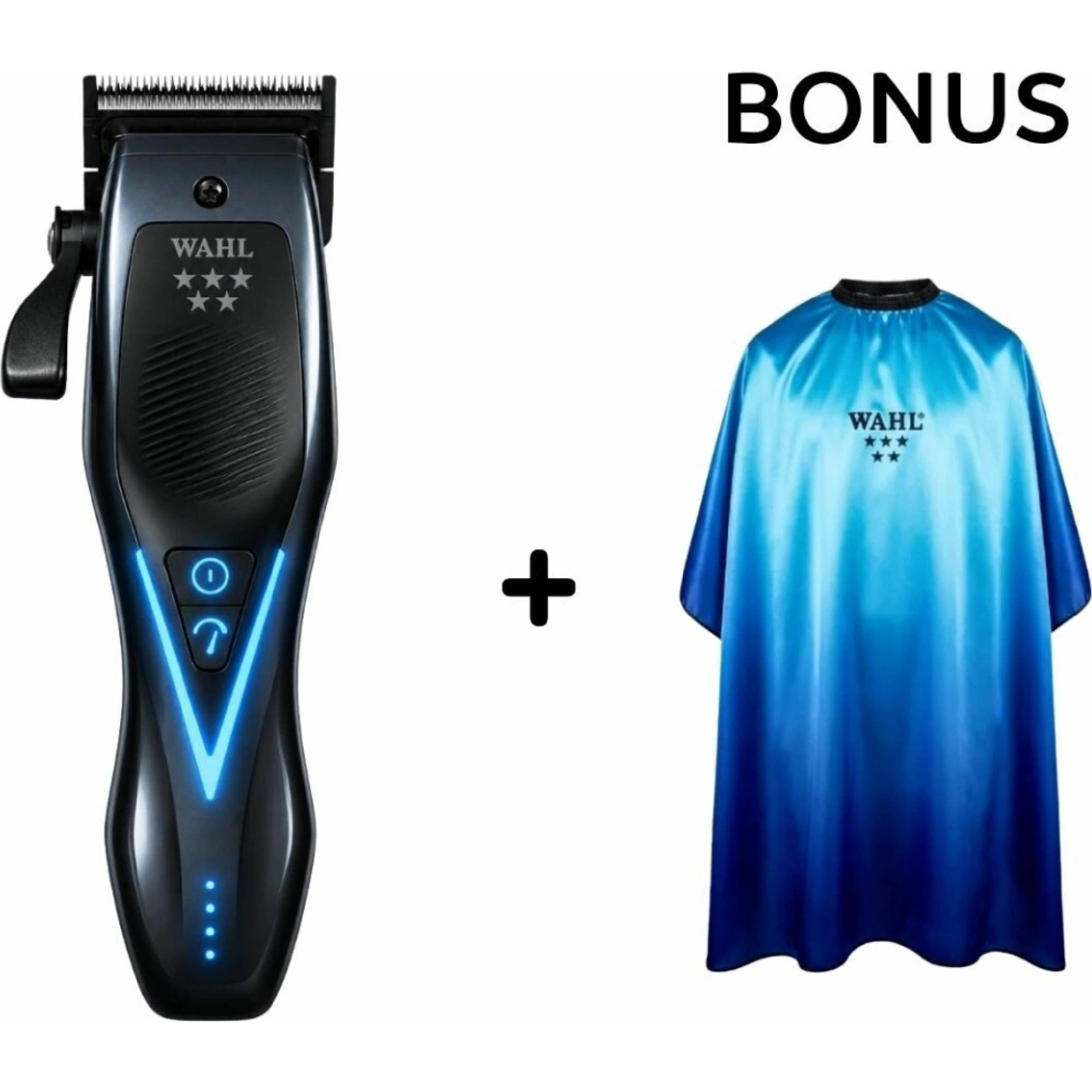 Máquina de cortar cabelo WAHL preta com luzes azuis e capa de corte azul