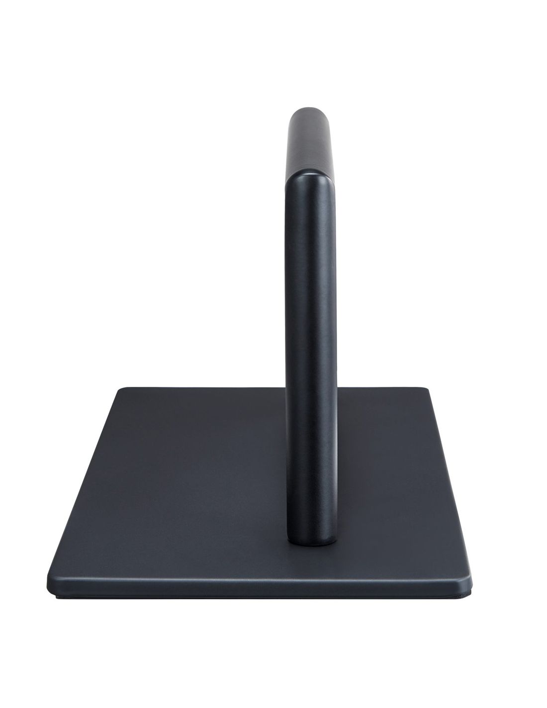 Suporte de metal preto com base quadrada e barra vertical arredondada