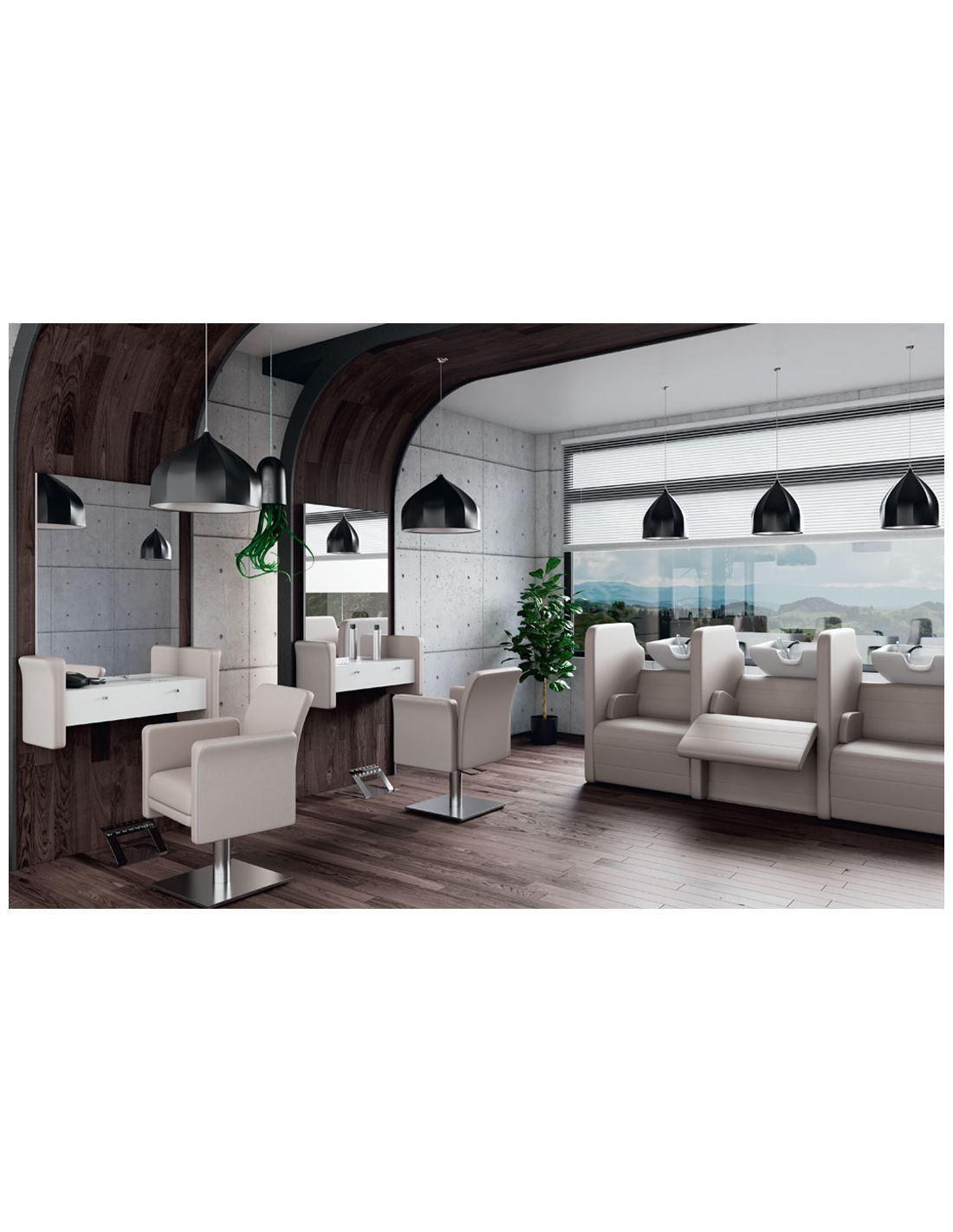 salão de beleza com cadeiras creme, espelhos e luminárias pretas