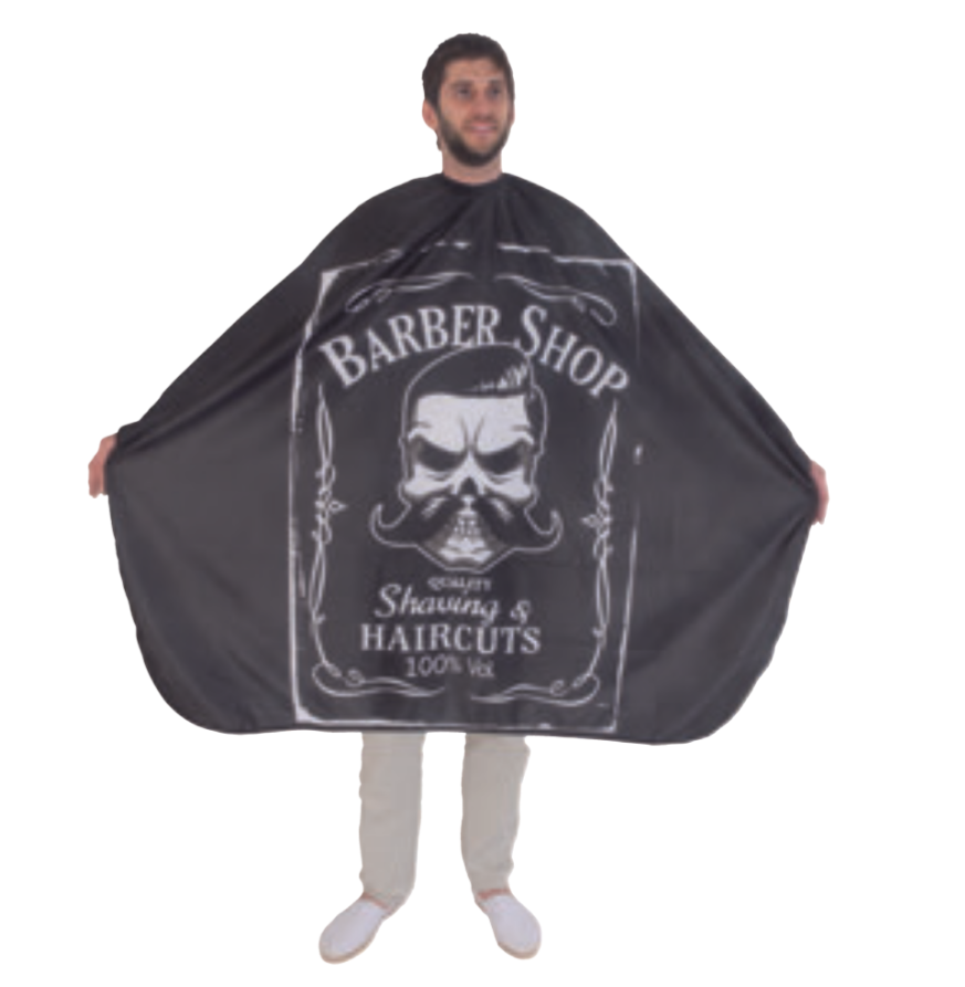 Penteado preto para barbeiro com estampado branco de caveira e texto