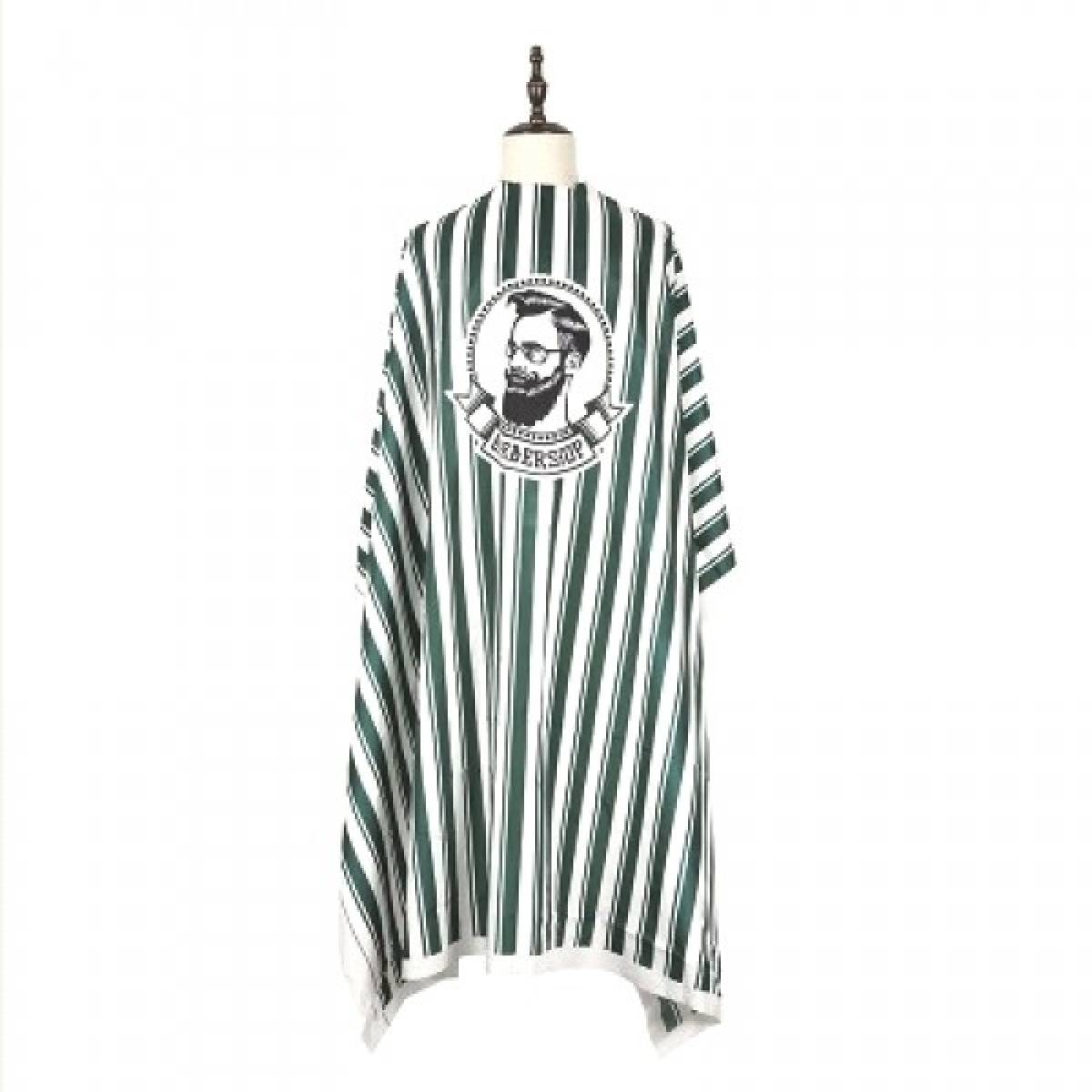 Capa de barbeiro verde e branca com riscas e desenho de homem barbeado