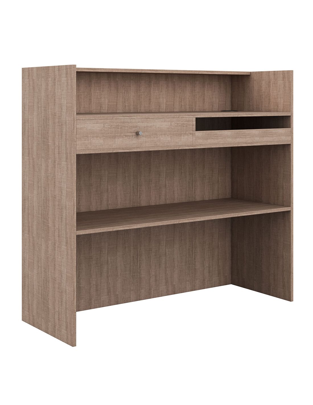 Estante ou móvel de escritório em madeira clara com gaveta e prateleiras