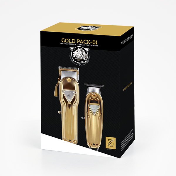 Embalagem preta e dourada com máquinas de cortar cabelo douradas e texto GOLD PACK-01