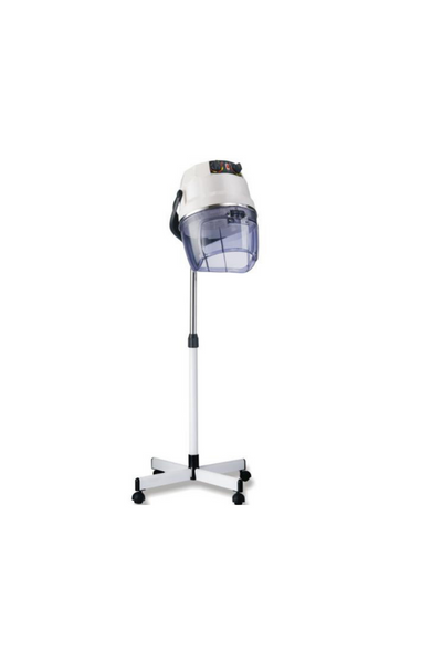 Secador de cabelo profissional de pé branco com base de rodízios e parte transparente