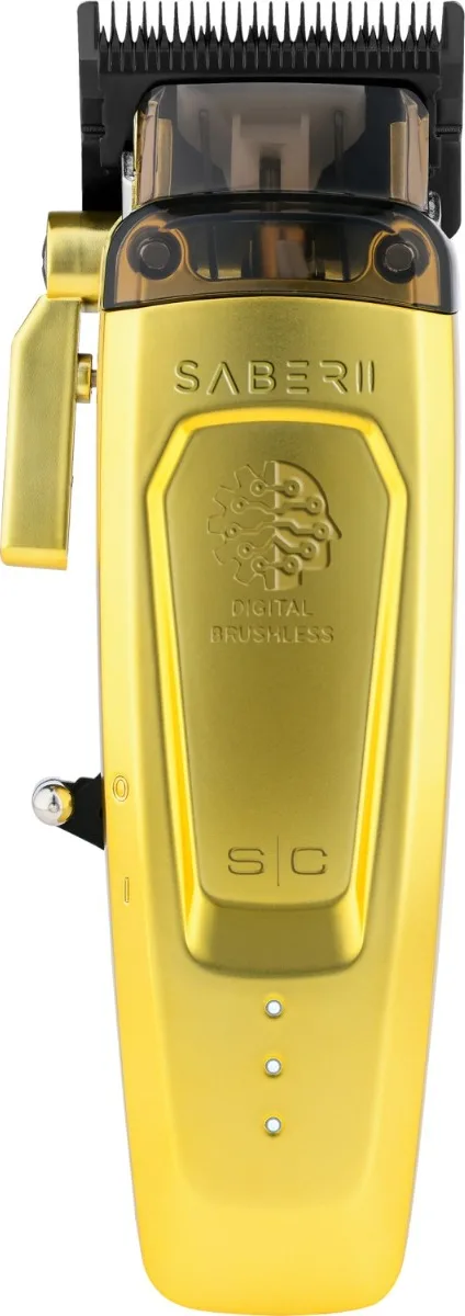 Máquina cortar cabelo dourada com lâmina preta e texto SABER II DIGITAL BRUSHLESS