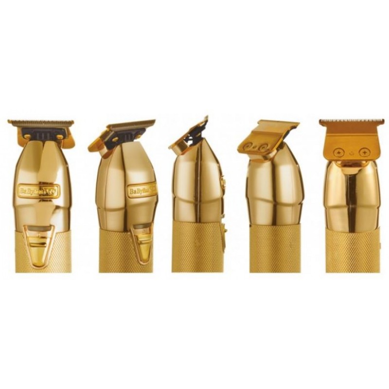 Cinco máquinas de barbear elétricas douradas em diferentes ângulos
