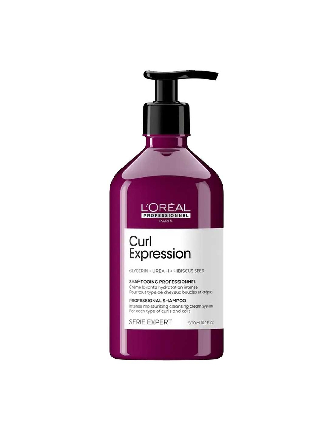 Frasco roxo com tampa preta e dispensador de bomba de shampoo L'Oréal Curl Expression