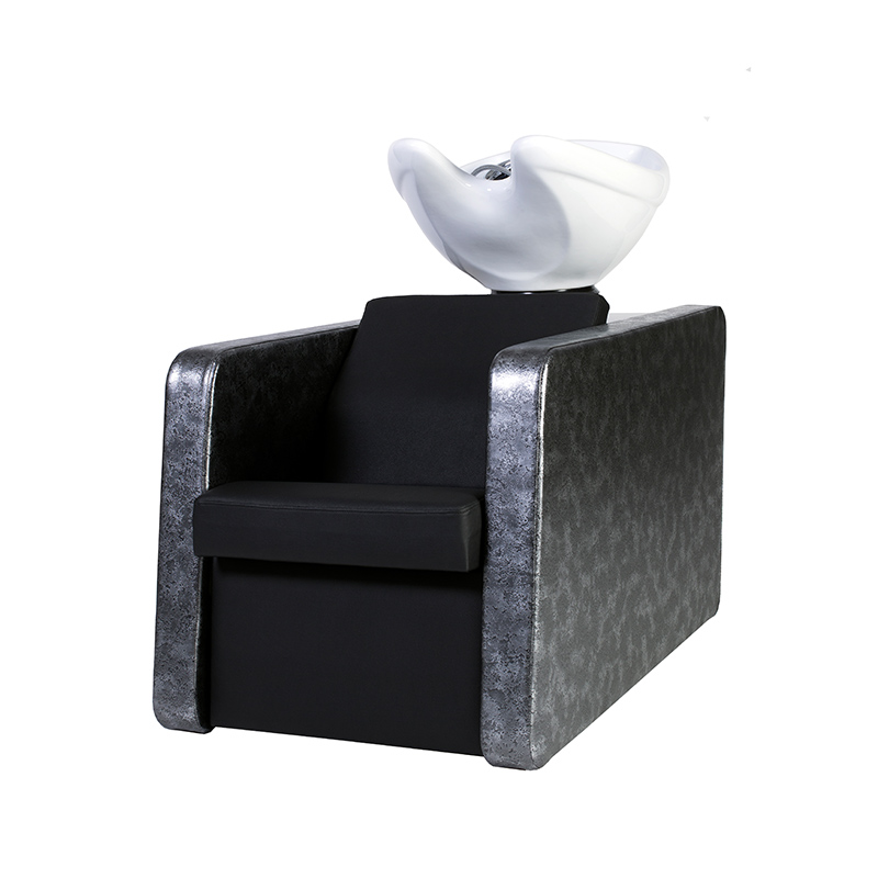 cadeira de cabeleireiro preta com lavatório branco