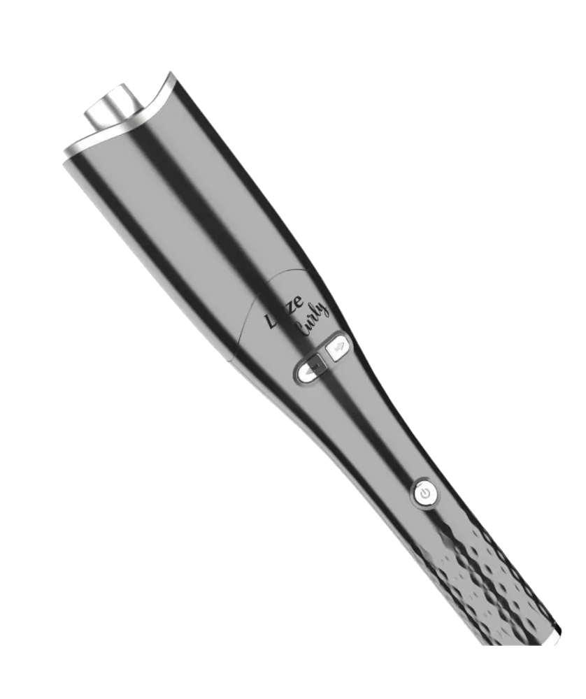 Ferramenta de cabelo elétrica prateada com botões e texto 'Sleek Shine'