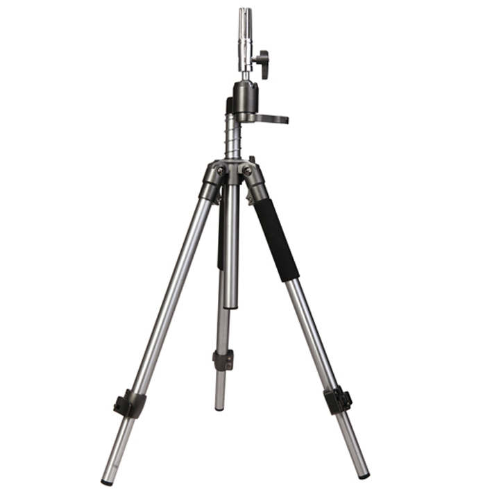 Tripé metálico prateado e preto com pernas ajustáveis e suporte superior