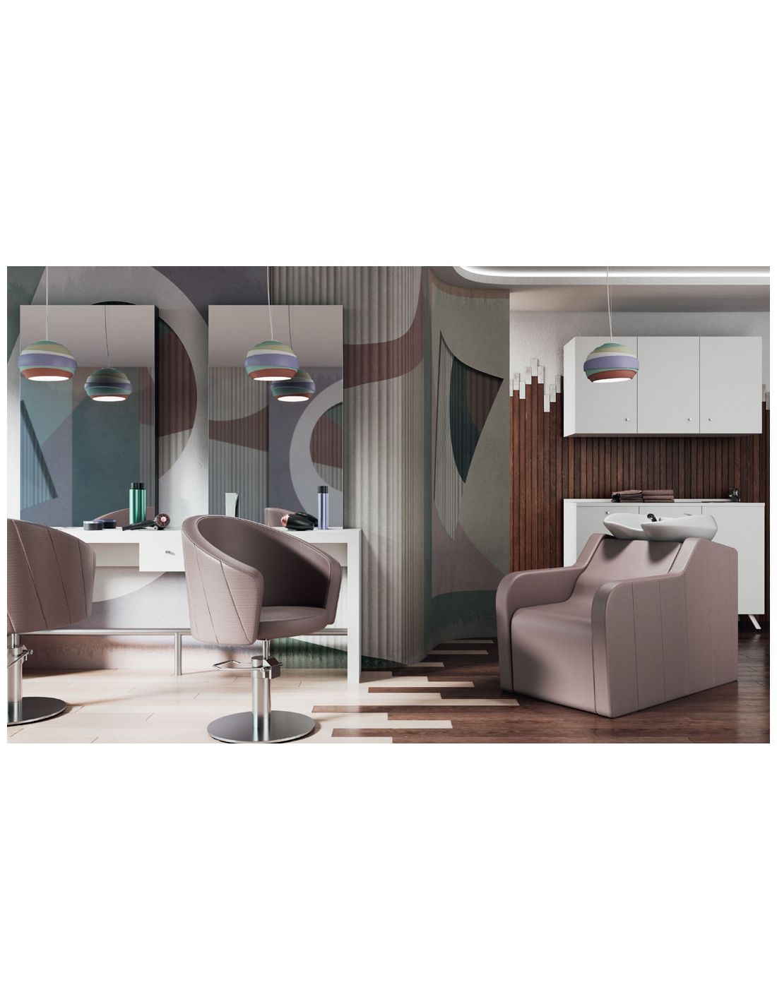 Salão de cabeleireiro com cadeiras de couro castanho-claro, espelhos e decoração abstrata