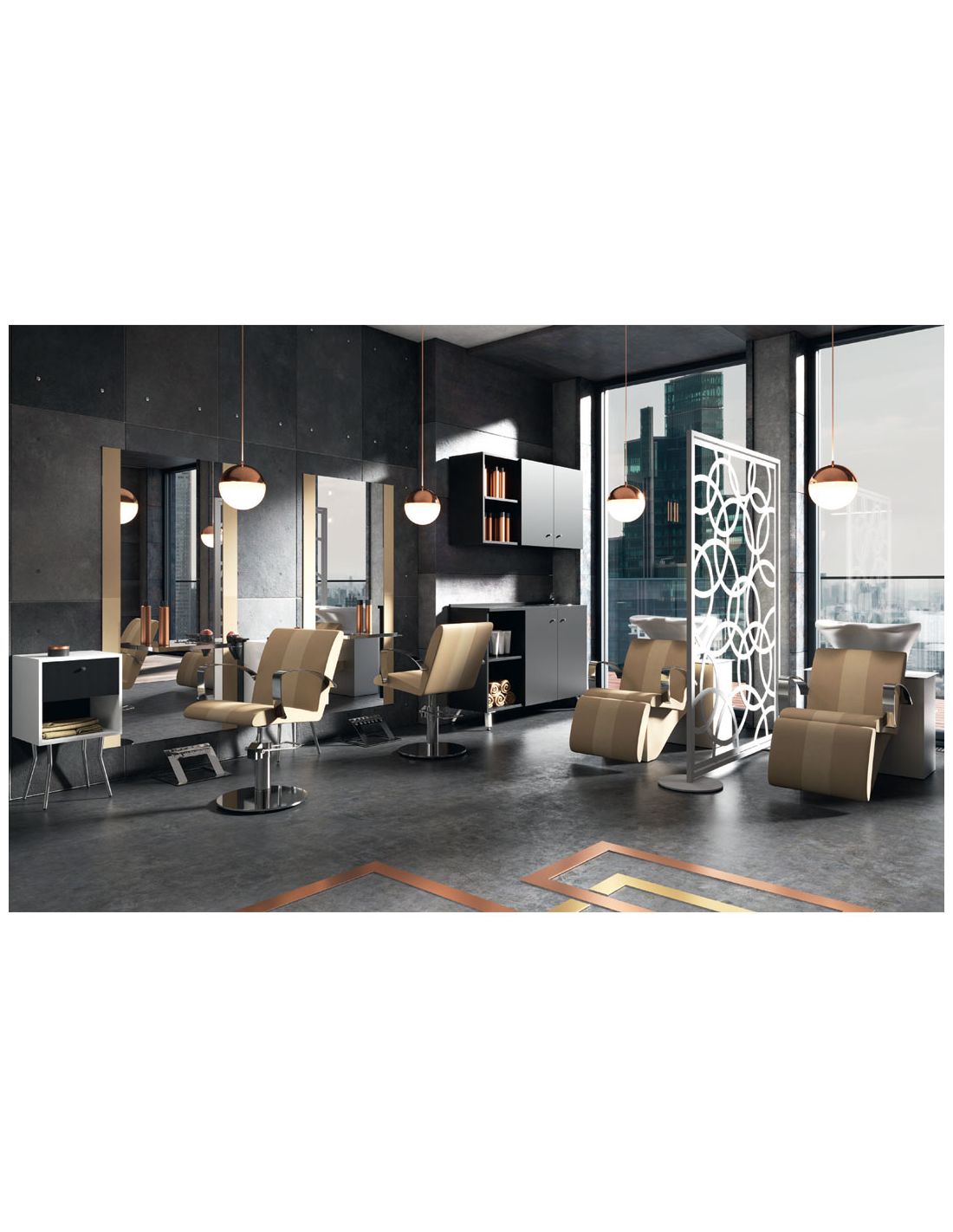 Sala de cabeleireiro moderna com cadeiras bege e espelhos grandes