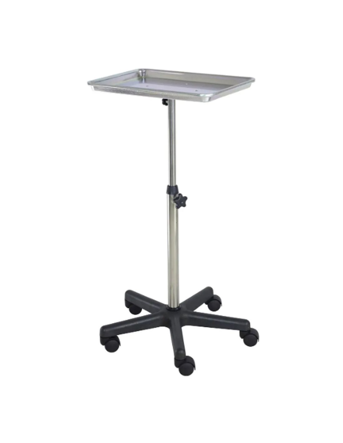 Mesa de apoio móvel com base preta e superfície metálica prateada