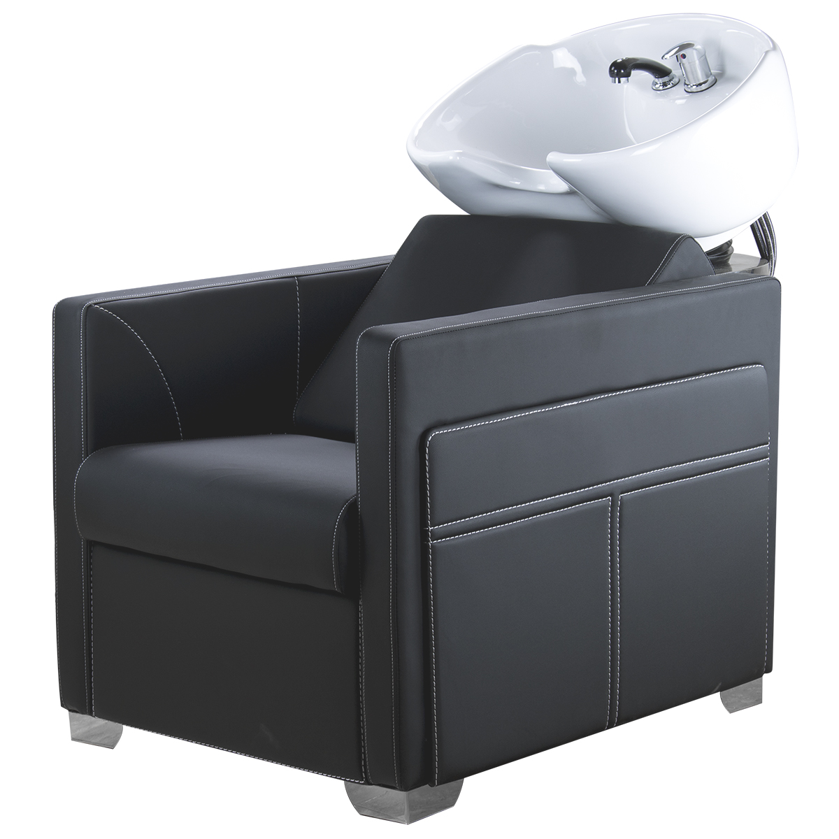 Cadeira de cabeleireiro preta com lavatório branco