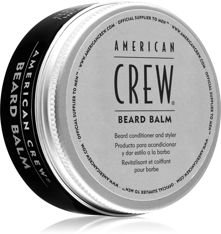 Pote de bálsamo para barba American Crew com tampa prateada e corpo preto