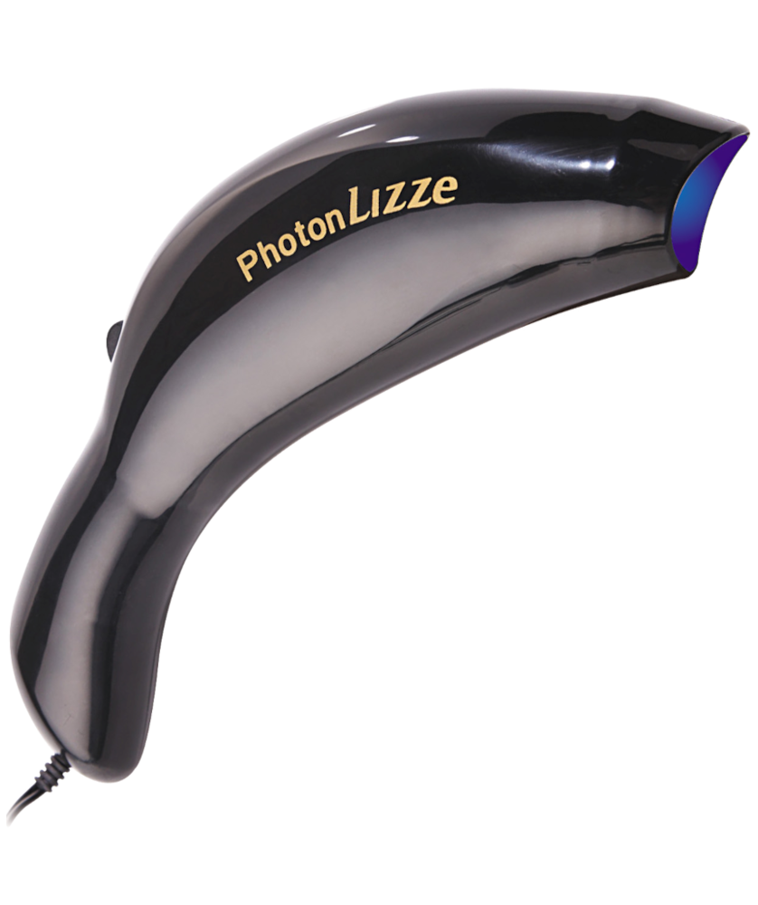 Dispositivo eletrônico curvo preto com texto PhotonLIZZE em amarelo
