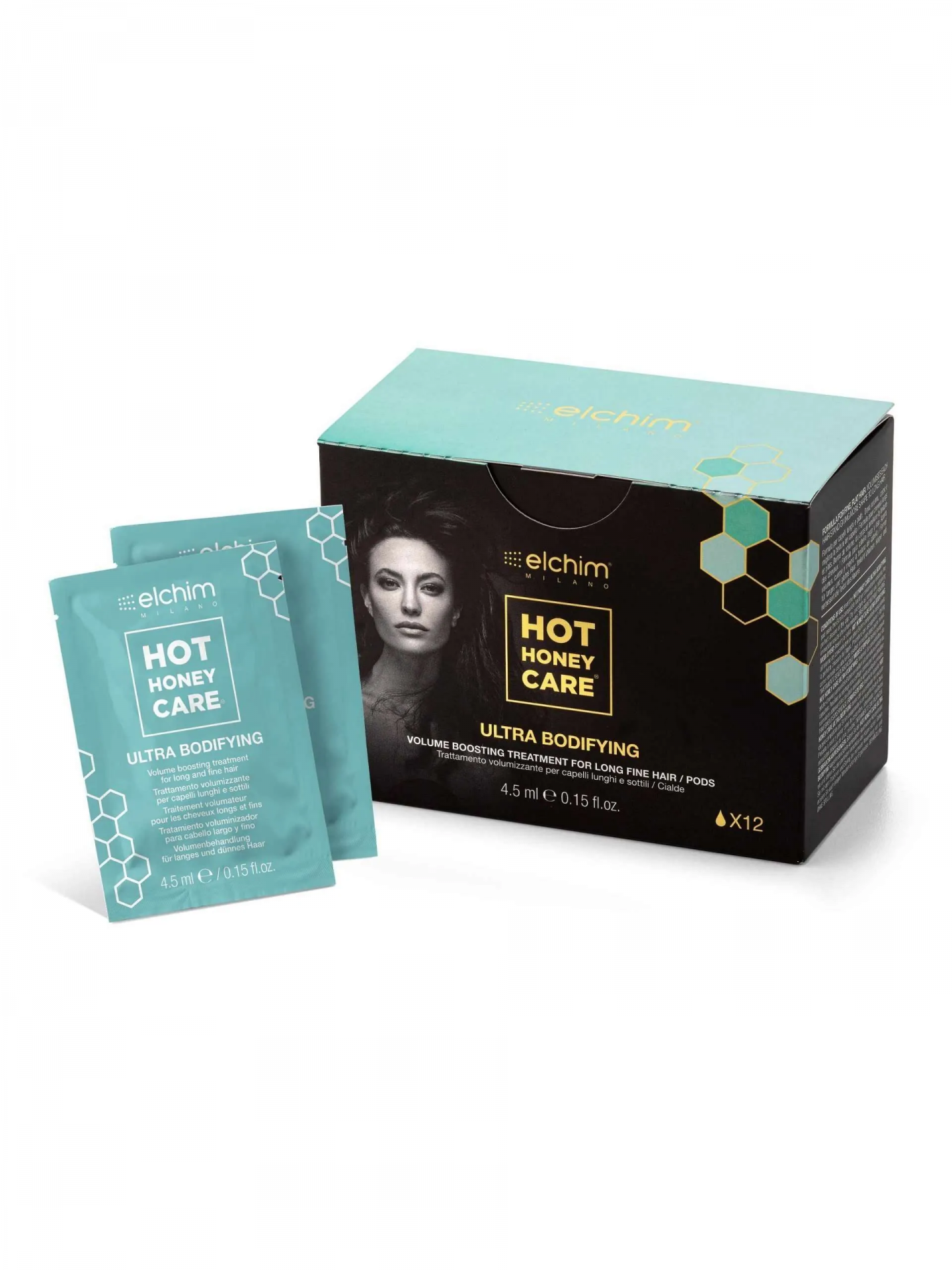 Tratamento capilar Elchim Hot Honey Care Ultra Bodifying em embalagem preta e verde-água