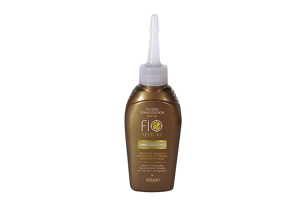 Frasco dourado de produto cosmético Fio Restore com tampa branca longa