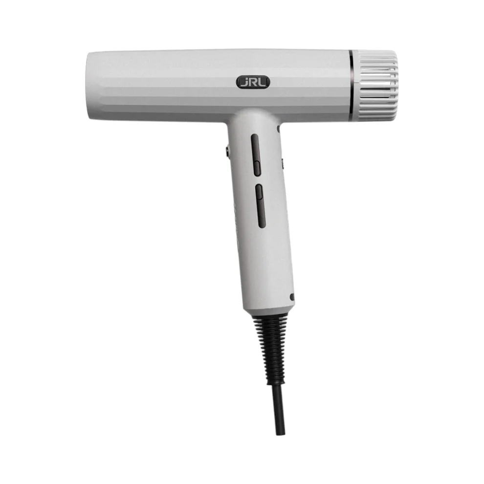 Secador de cabelo cinzento claro com botões e logótipo JRL