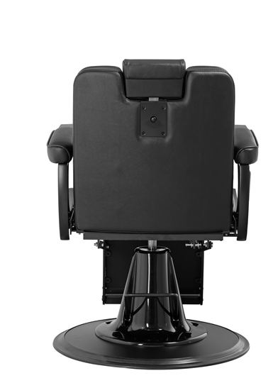 Cadeira de barbeiro preta vista de trás com base redonda.