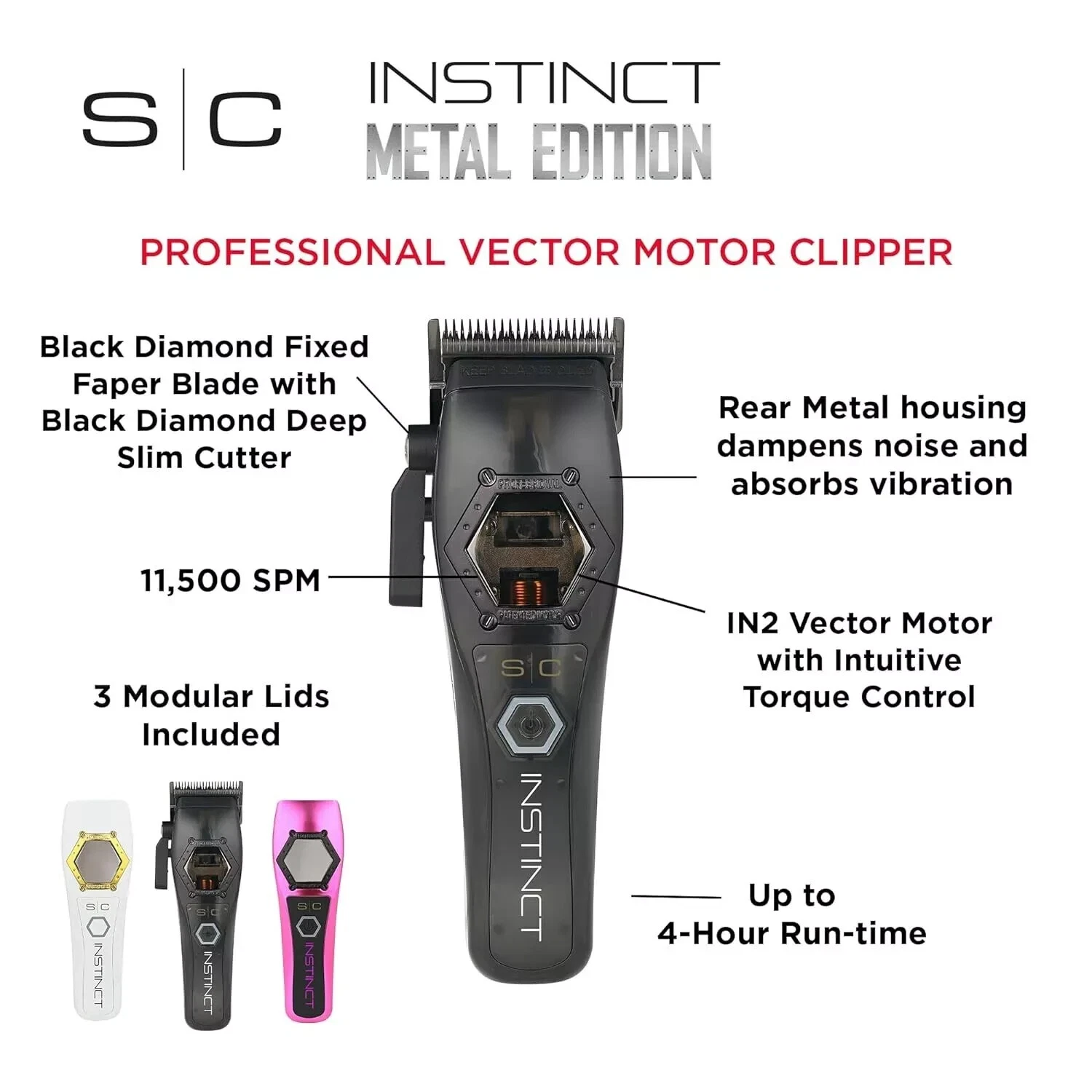 Máquina de cortar cabelo profissional S|C Instinct Metal Edition preta com texto informativo