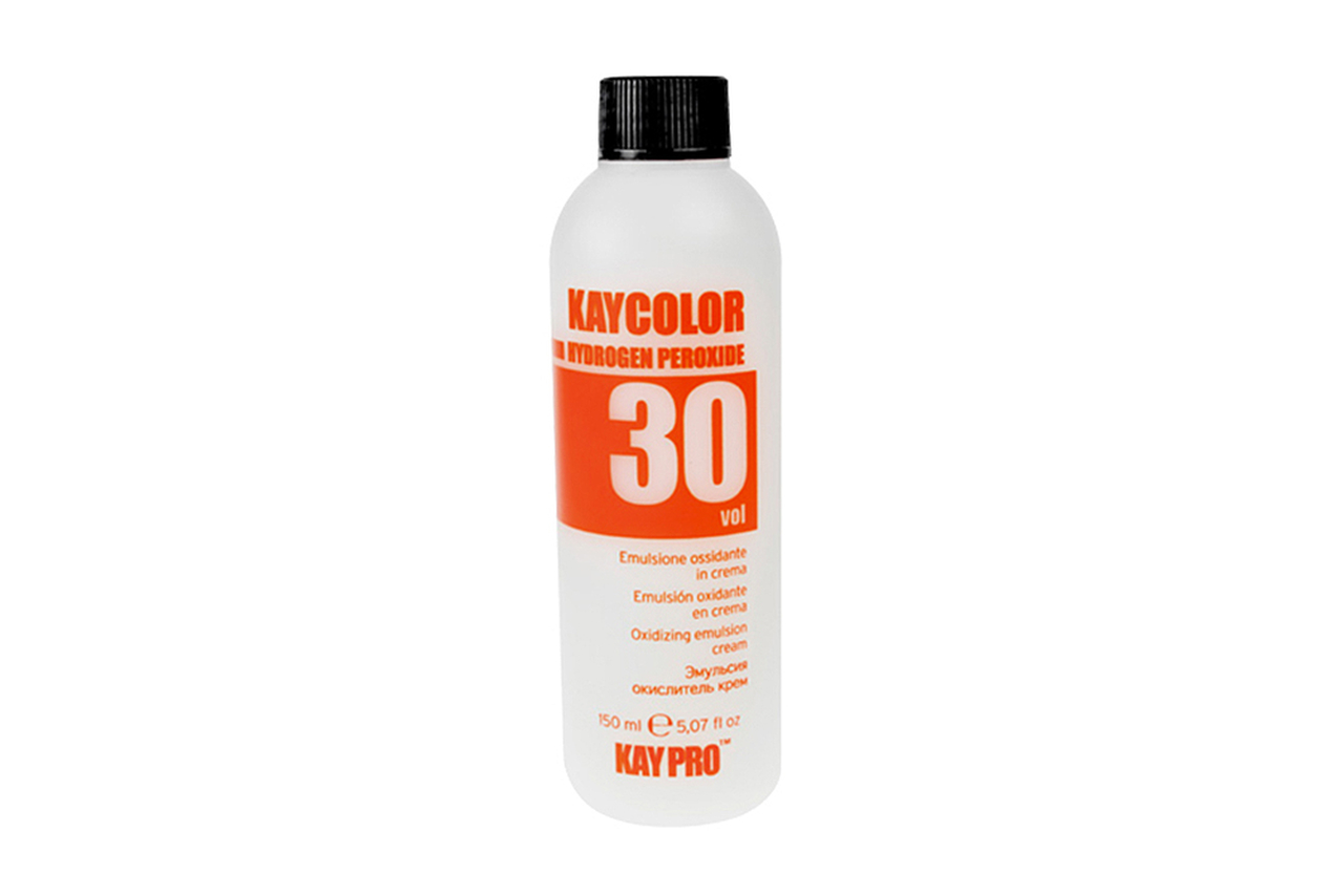 Frasco branco KAYCOLOR peróxido de hidrogénio 30 vol 150 ml com tampa preta