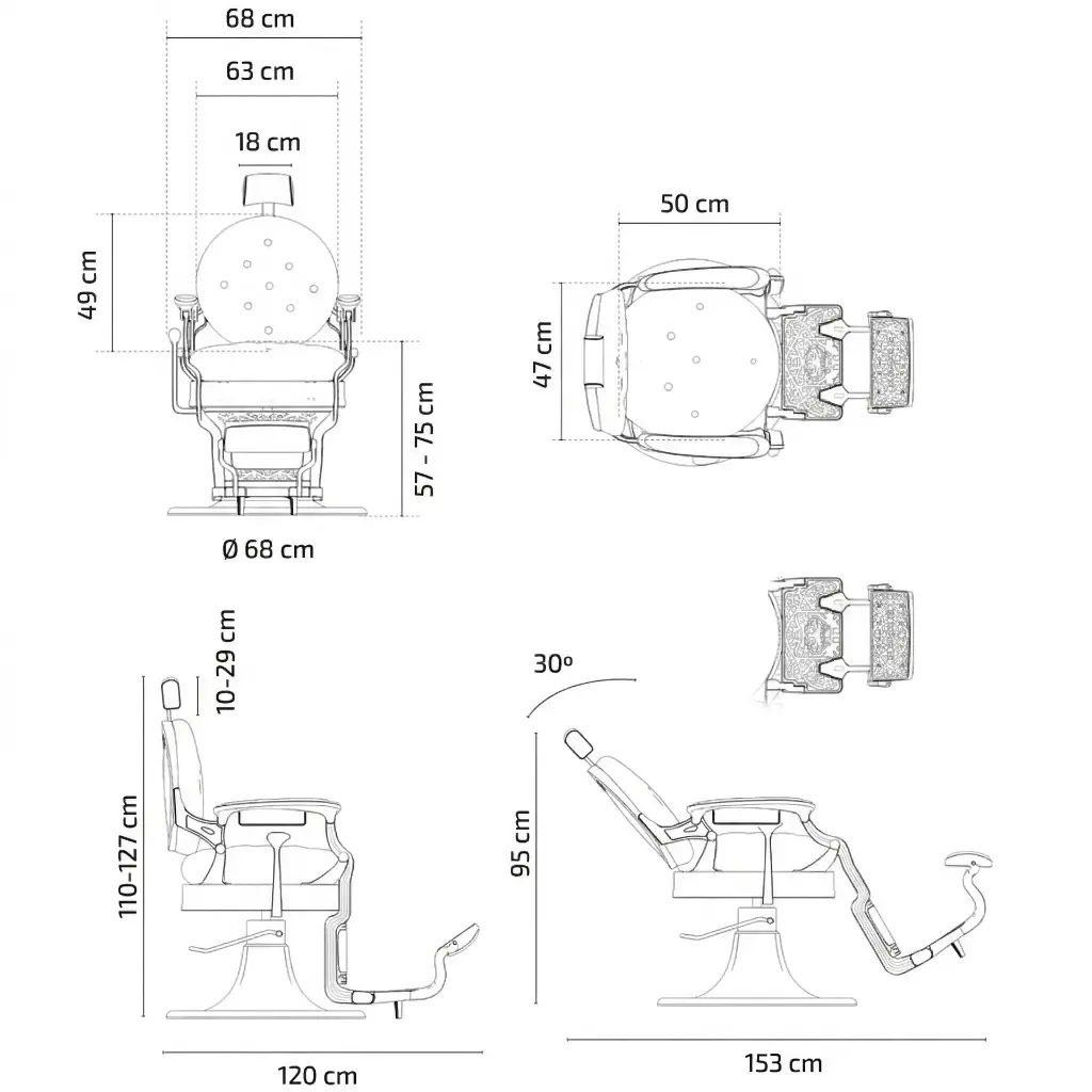 Desenho técnico da cadeira de barbeiro com medidas em centímetros.