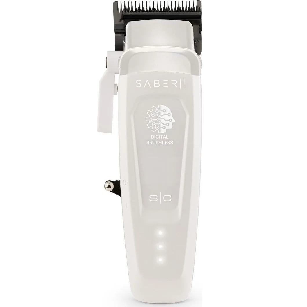 Máquina de cortar cabelo branca com lâminas pretas e texto SABER II DIGITAL BRUSHLESS