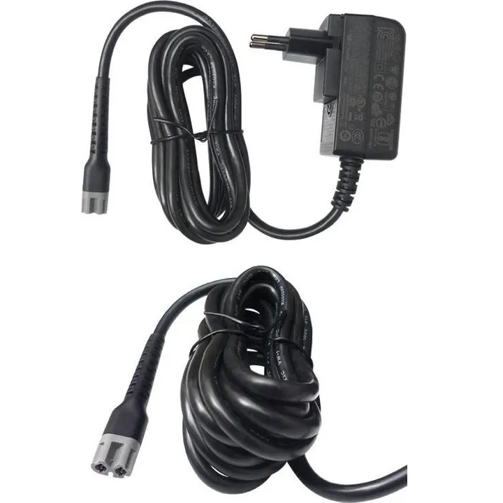 Carregador elétrico preto com cabo e ficha tipo europeu