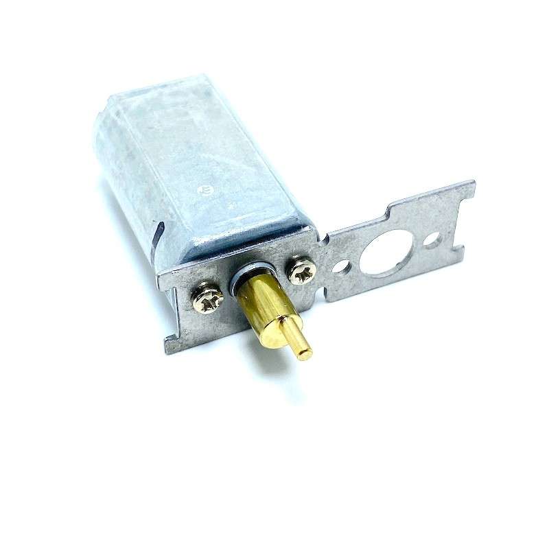 Motor elétrico DC metálico com eixo dourado e suporte prateado