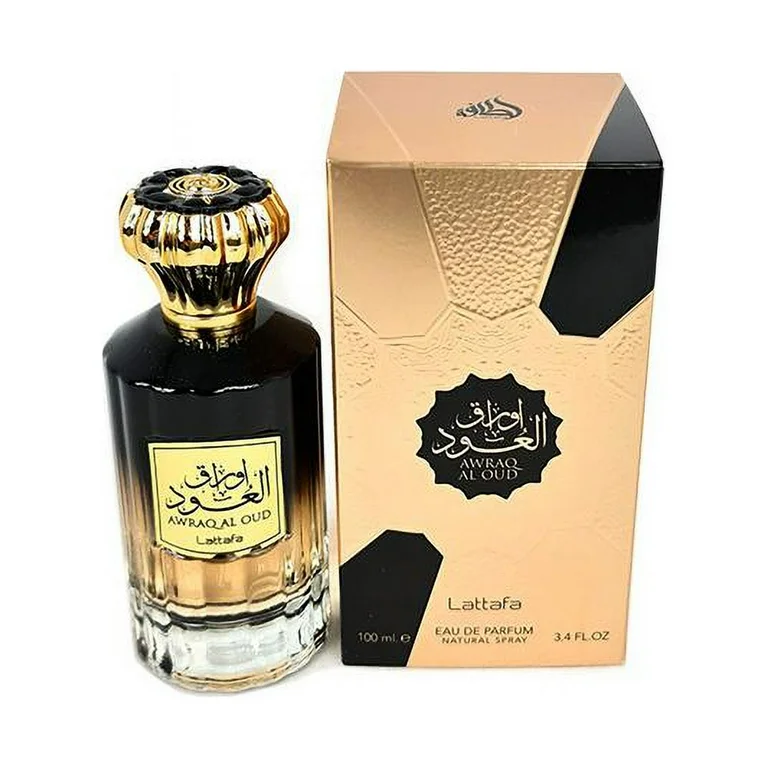 Perfume AWRAG AL OUD Lattafa em frasco de vidro e caixa dourada e preta