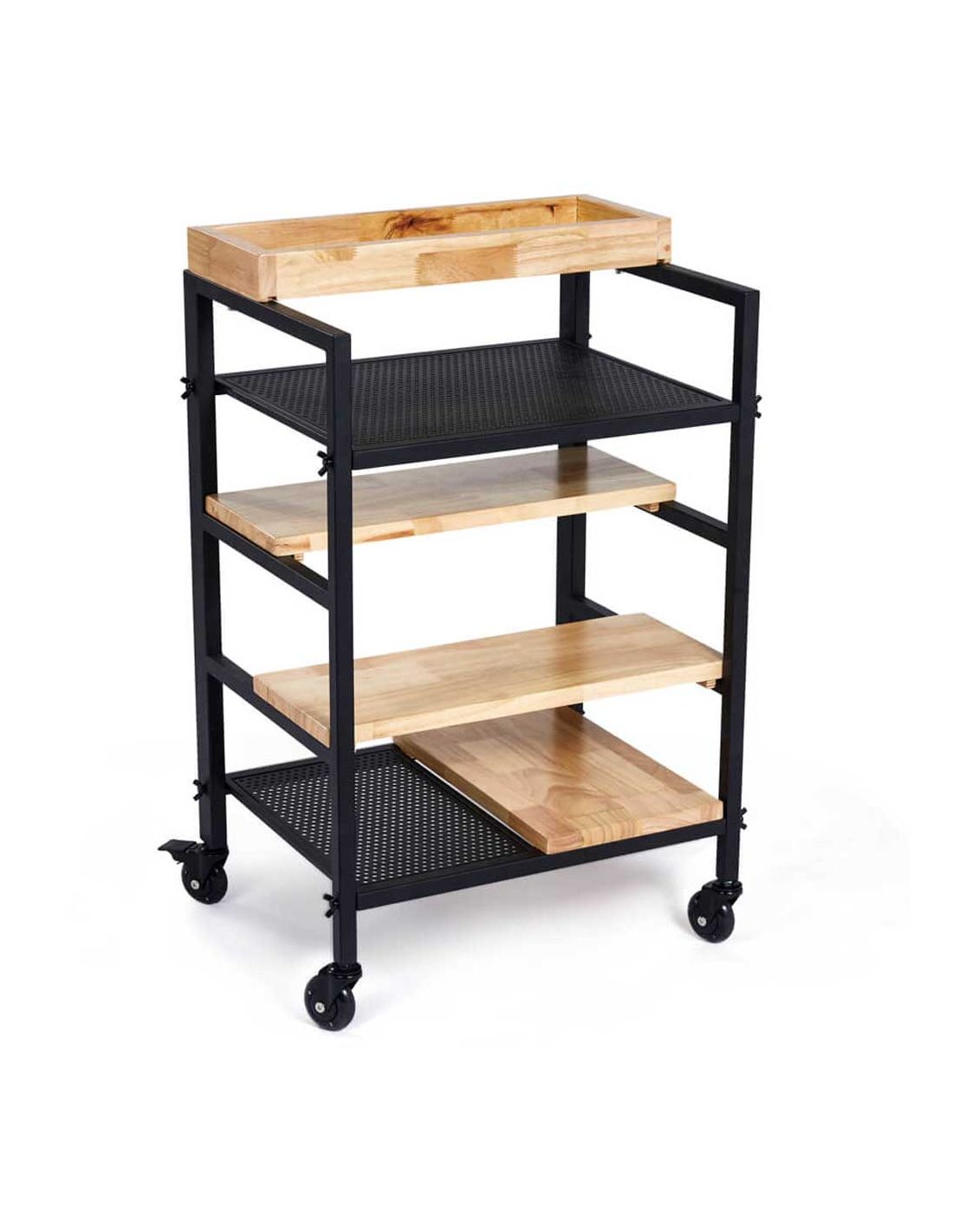 Carrinho de arrumação com rodas e prateleiras metálicas e de madeira