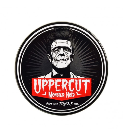 Embalagem redonda de pomada para cabelo Uppercut Monster Hold com ilustração de Frankenstein
