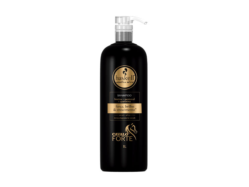 Frasco preto com válvula e rótulo dourado de shampoo Haskell Cavalo Forte