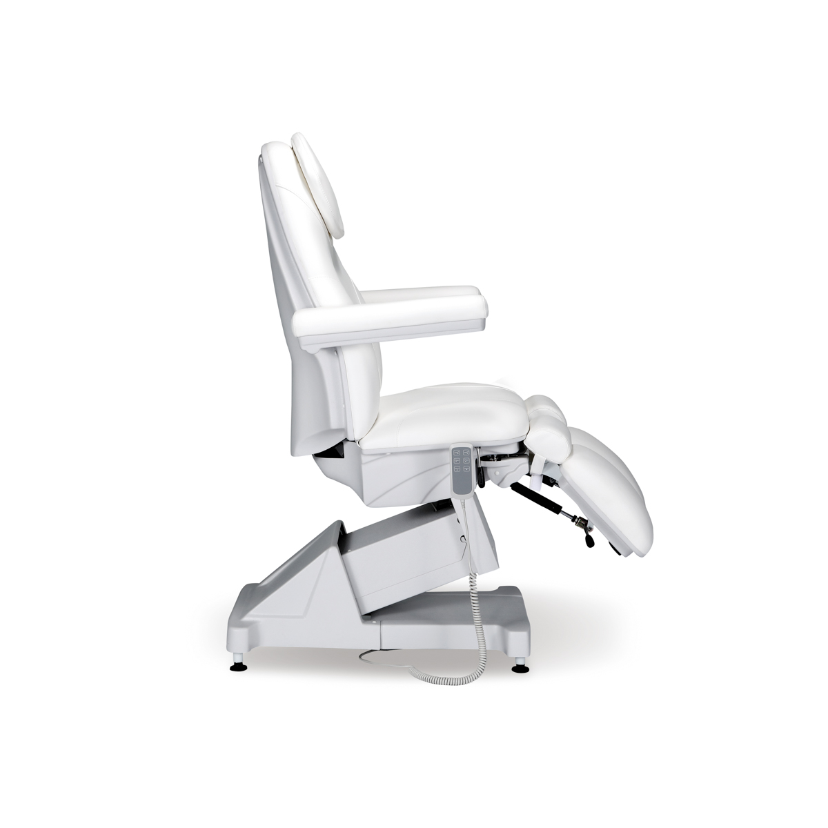 Cadeira médica branca ajustável com apoio de pernas