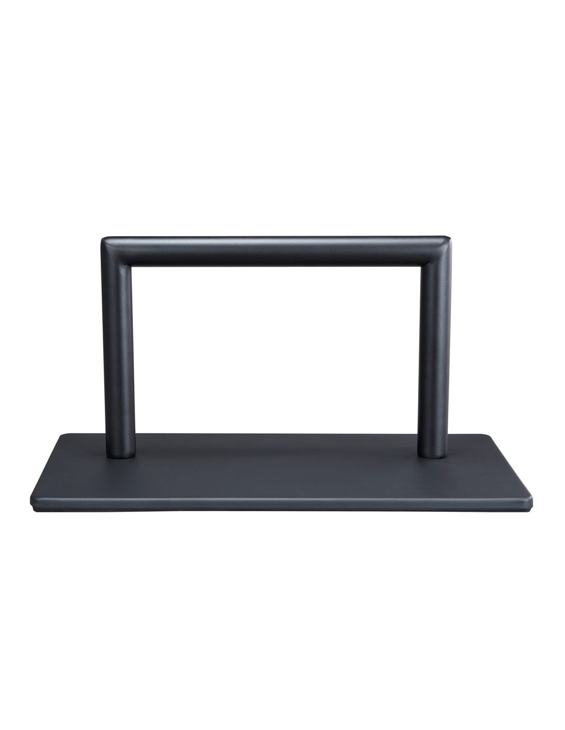 Suporte de metal preto com base retangular e barra horizontal