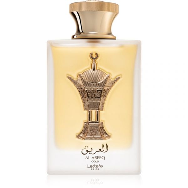 Frasco de perfume AL AREEQ GOLD Lattafa com selo dourado e tampa dourada