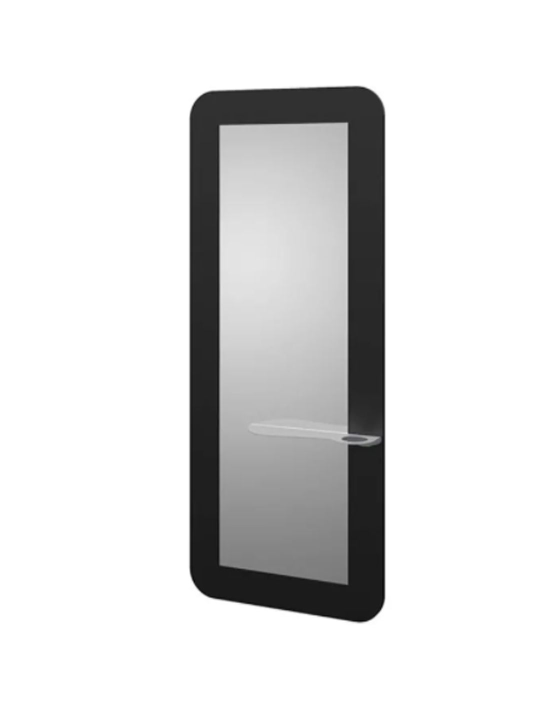 Espelho retangular com moldura preta e suporte transparente