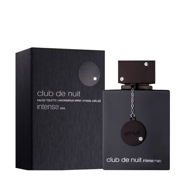 Frasco e embalagem de perfume Club de Nuit Intense Man pretos.