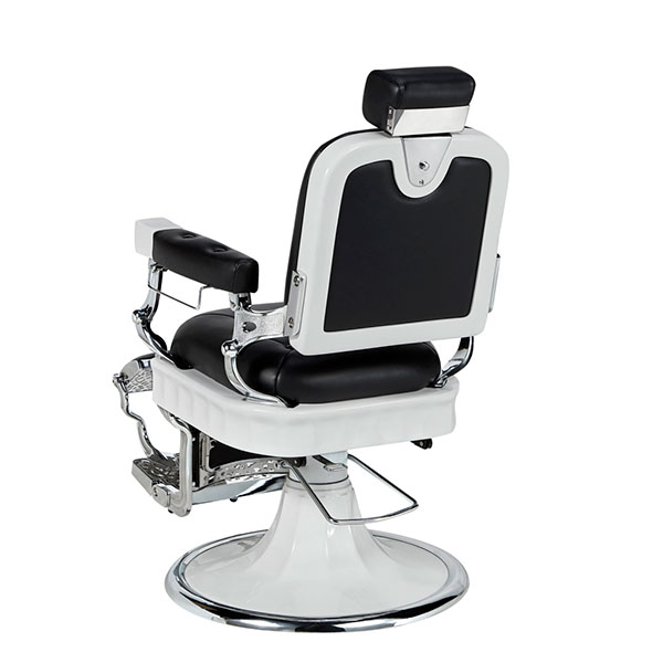Cadeira de barbeiro branca e preta com estrutura metálica