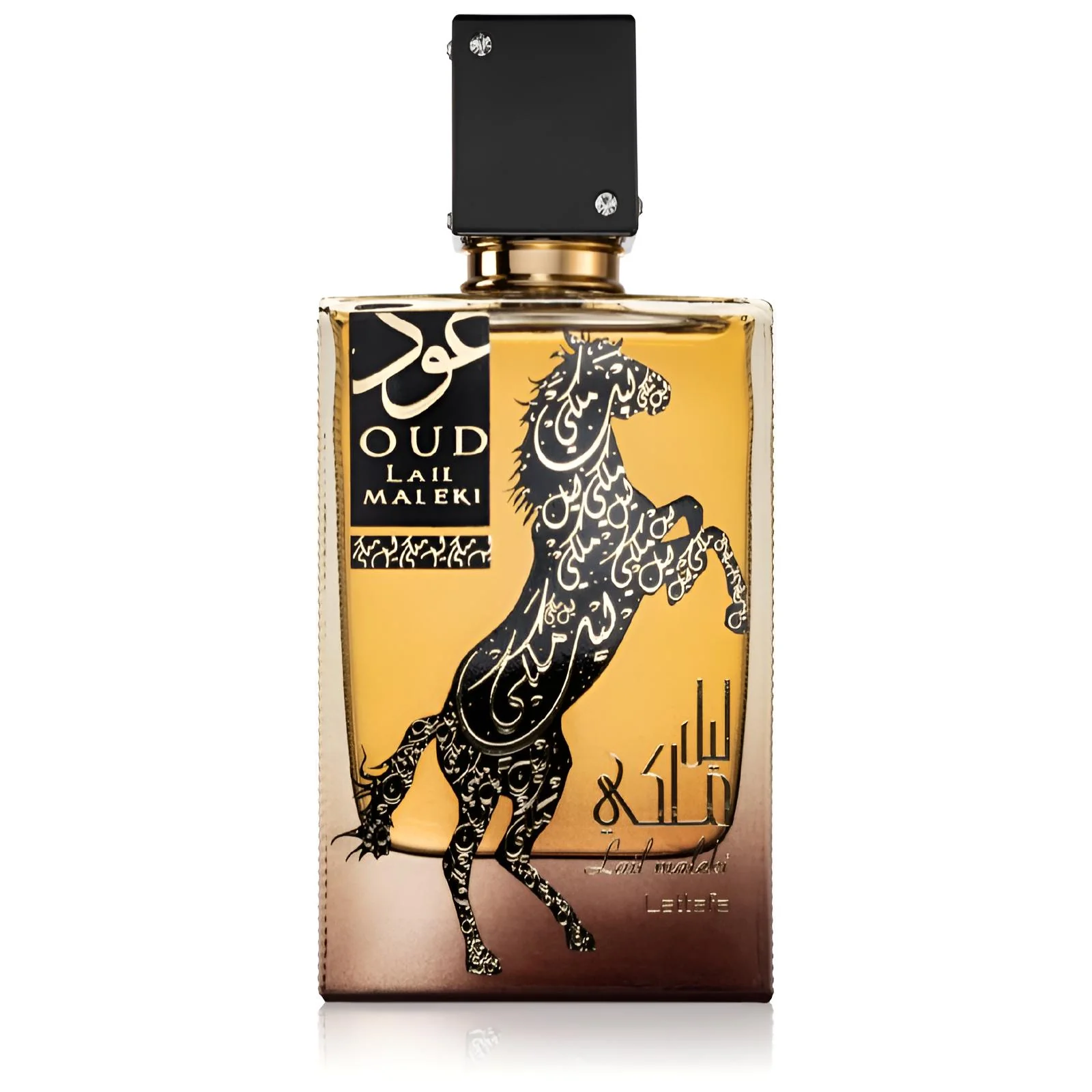 Frasco de perfume retangular com imagem de cavalo e texto OUD LAL MALEKI