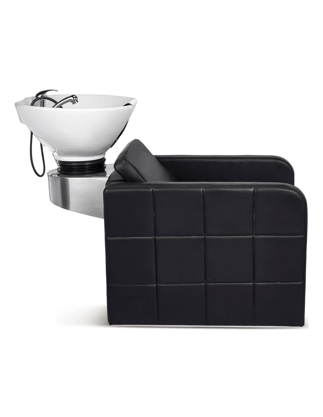 Cadeira de cabeleireiro preta com bacia de lavagem branca e torneira preta