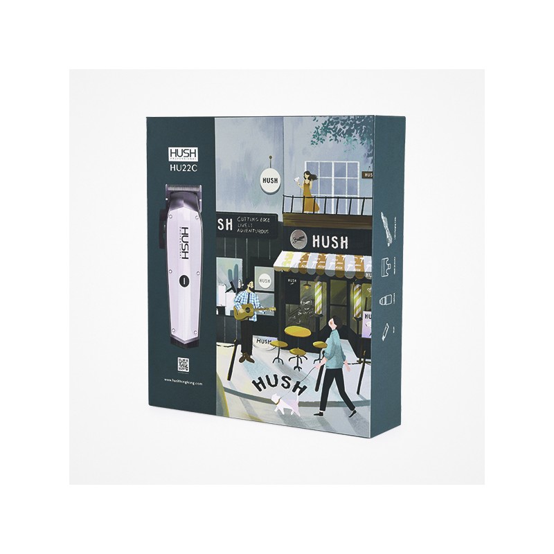 Embalagem de produto com ilustração de rua e dispositivo rosa com texto HUSH