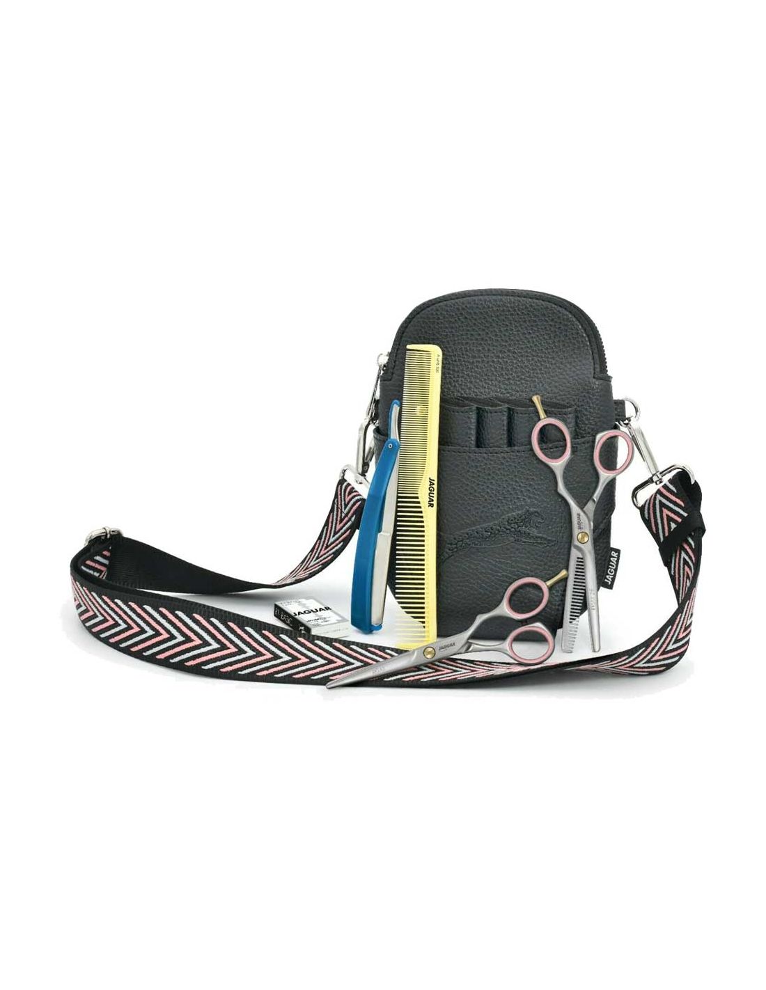 Bolsa pequena preta para cabeleireiro com vários acessórios de cabelo