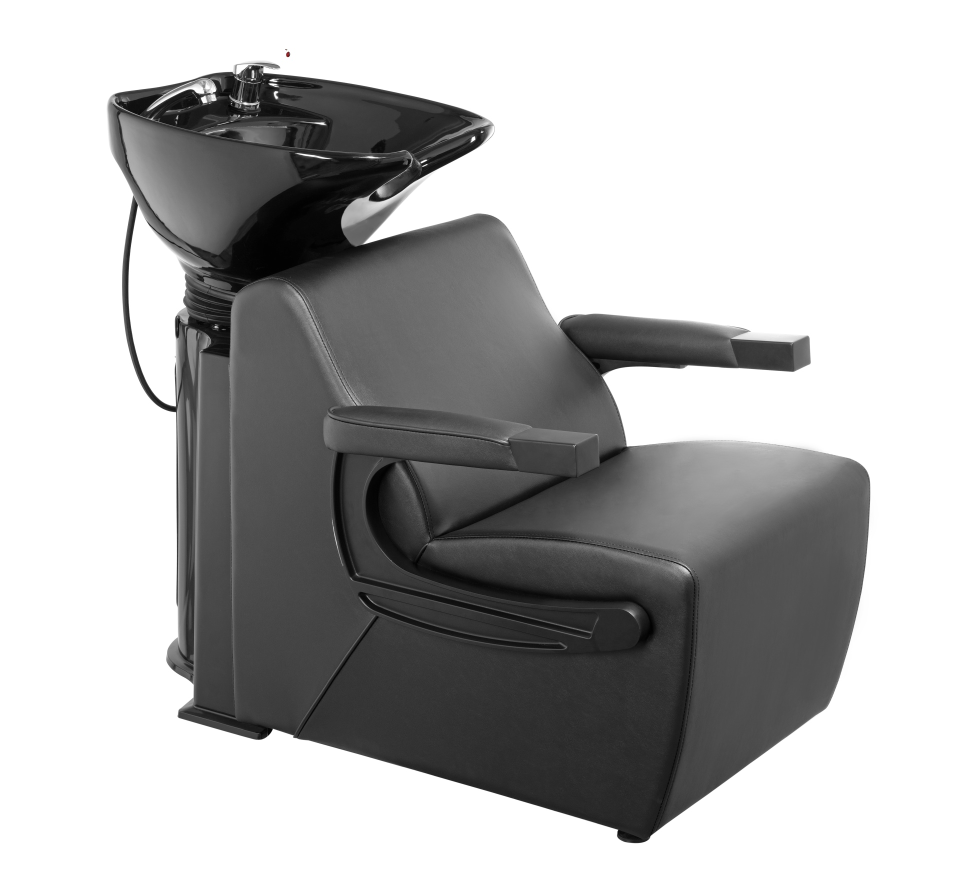 Cadeira de lavagem de cabelo preta para salão com lavatório e torneira