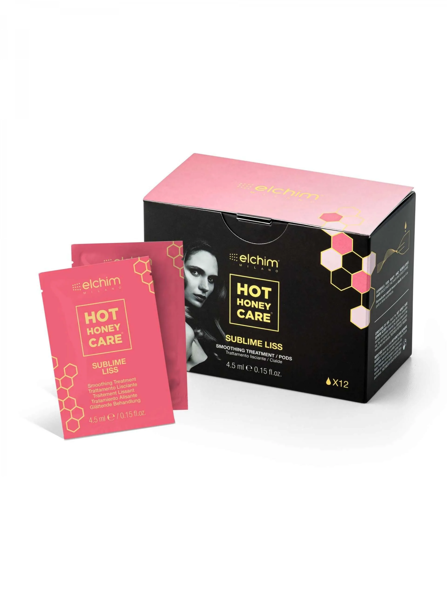 Caixa preta e rosa de tratamento capilar Hot Honey Care Sublime Liss com embalagens individuais cor de rosa