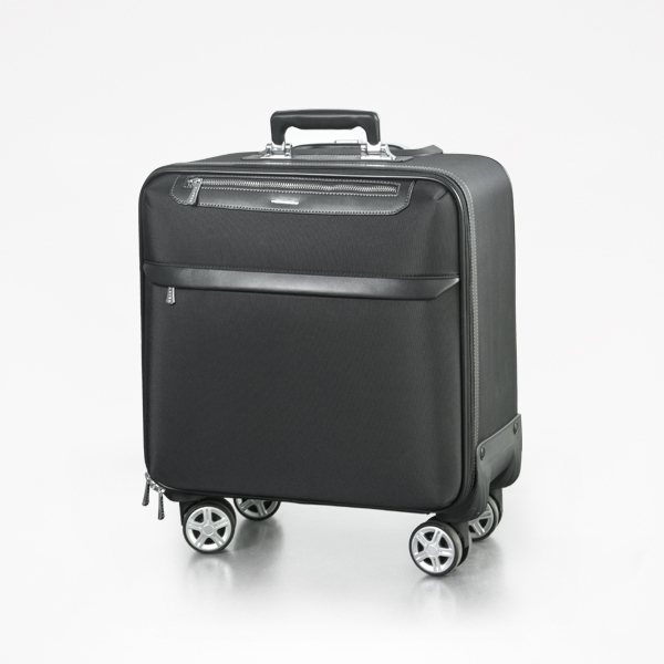 Mala de viagem preta com rodas giratórias e bolso frontal
