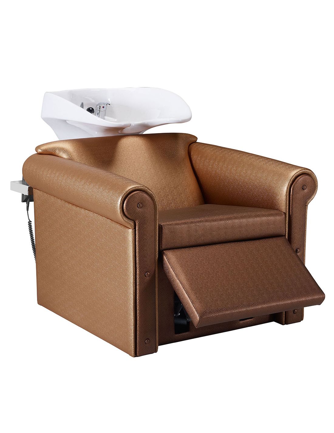cadeira castanha para salão com lavatório branco
