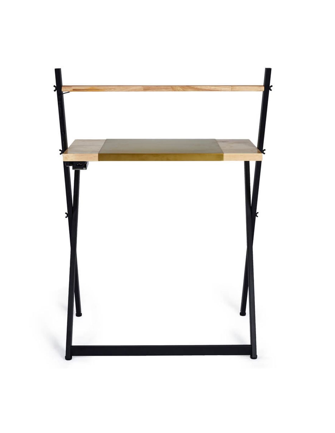 Secretária moderna com estrutura preta, tampo de madeira clara e detalhe central em metal dourado