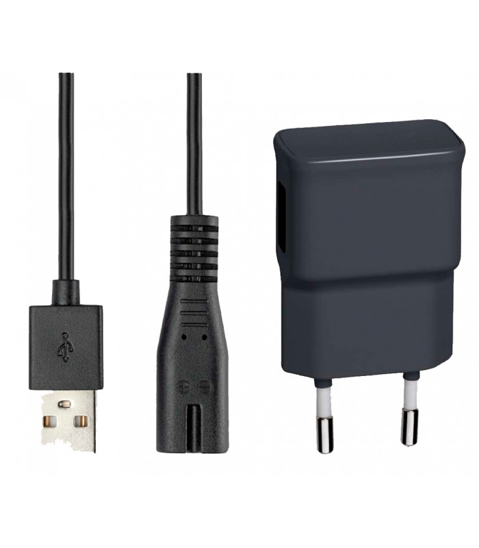 Carregador USB preto com cabo e adaptador para tomada europeia